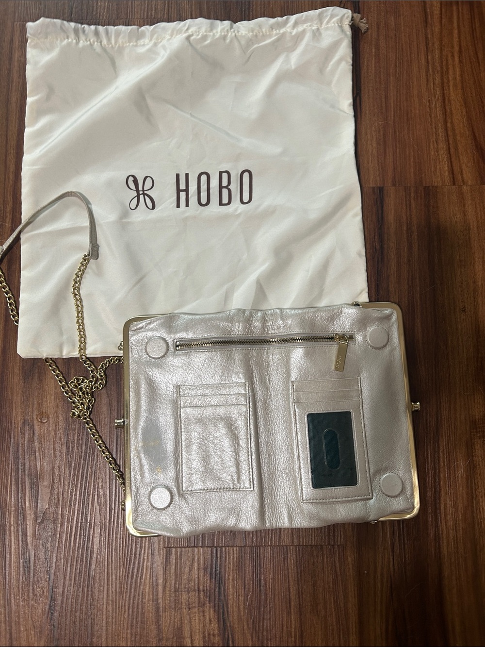 HOBO Metallic Silver Leather Crossbody with Gold Chain